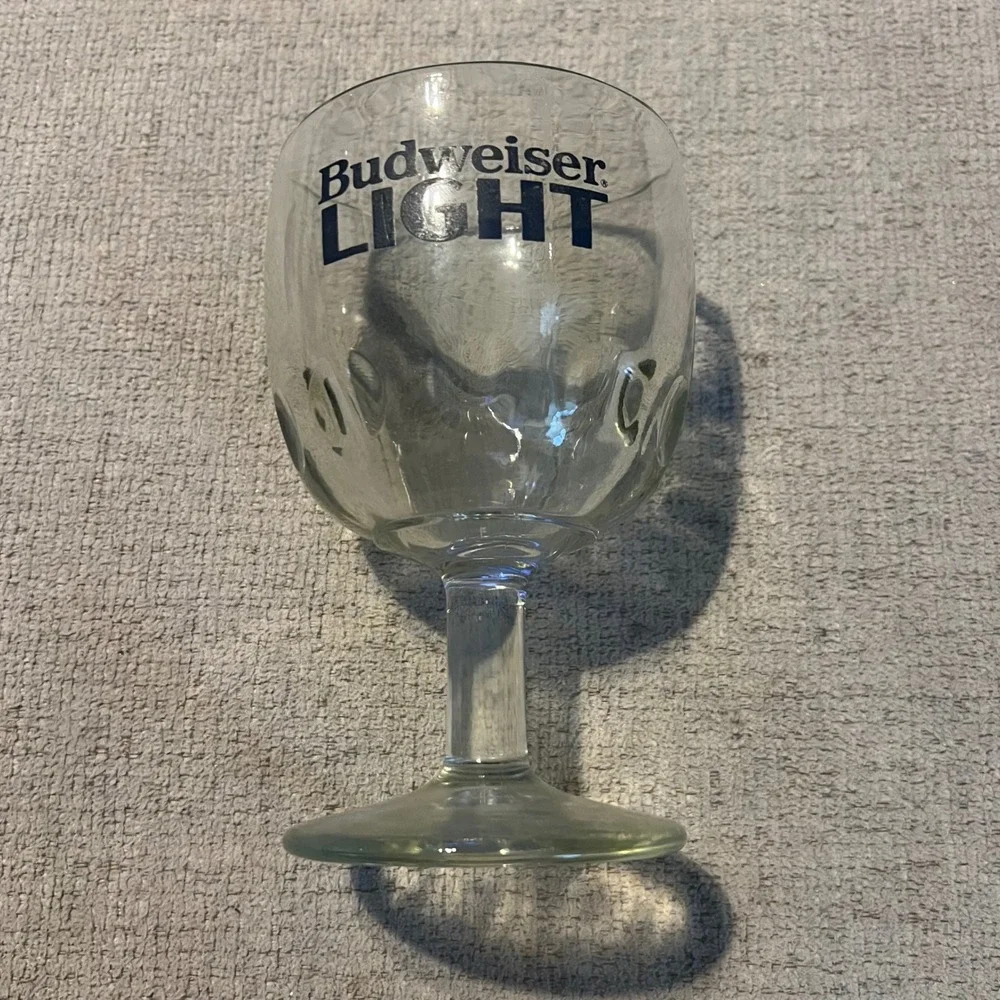 Vintage Budweiser Light Stemmed Goblet Beer Glass Blue Black Logo Barware Clear